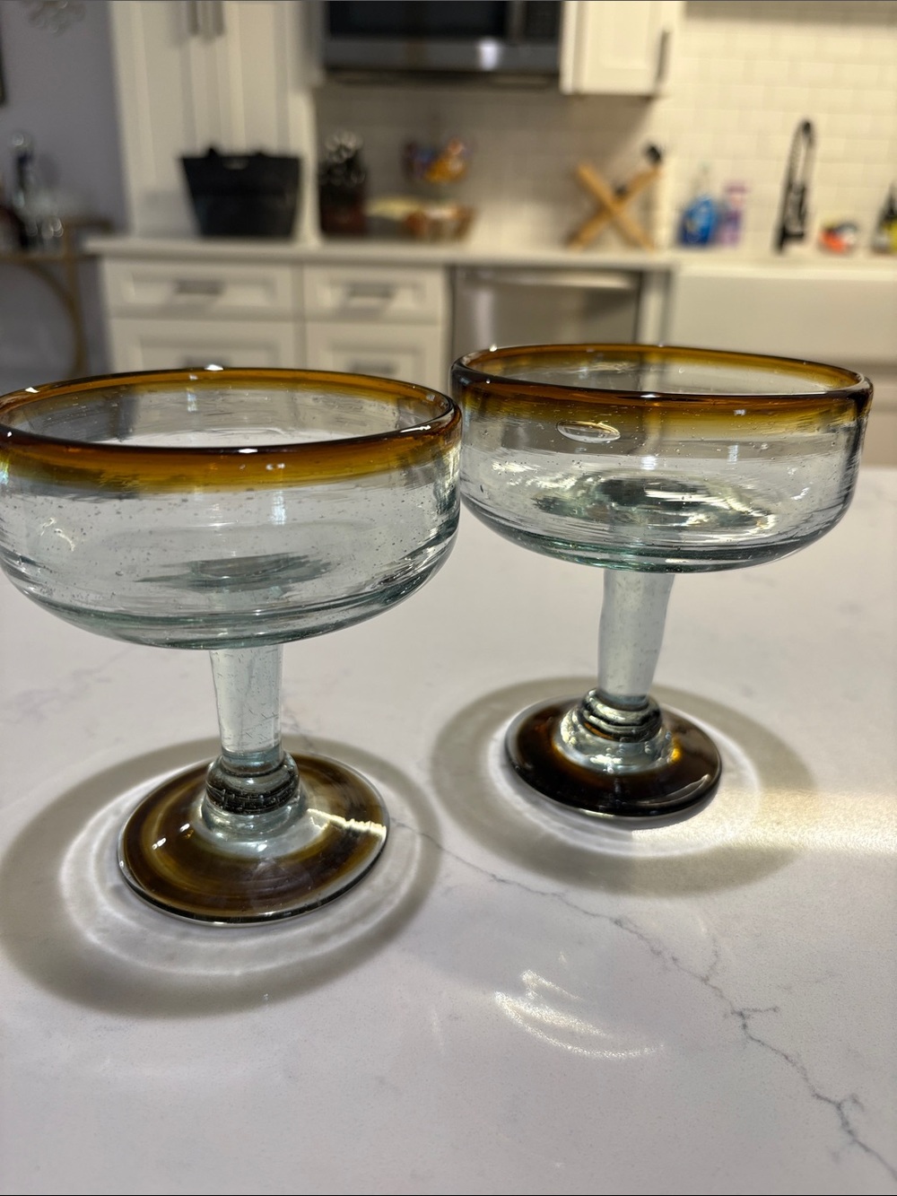 Vintage Amber-Rimmed Stemmed Cocktail Glasses - Set of 2